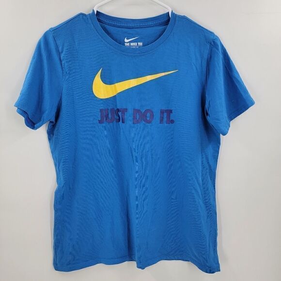 Nike tee just do it blue yellow swoosh large athletic cut womens - Picture 1 of 3